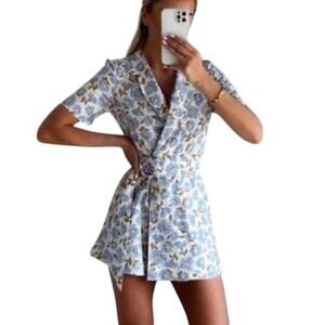 Zara Jumpsuit Linen Romper Blazer White Blue Floral Beach Tropical Size XL
